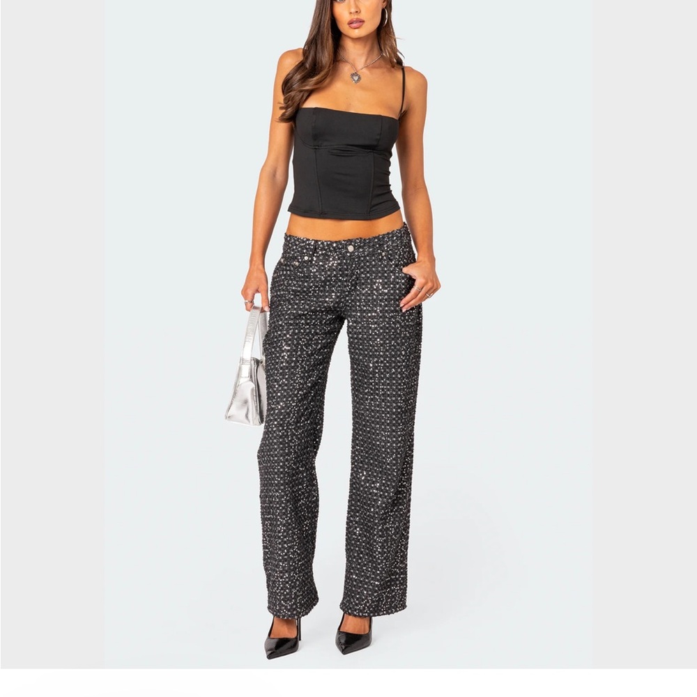 Edikted Black Sequin Wide-Leg Pants